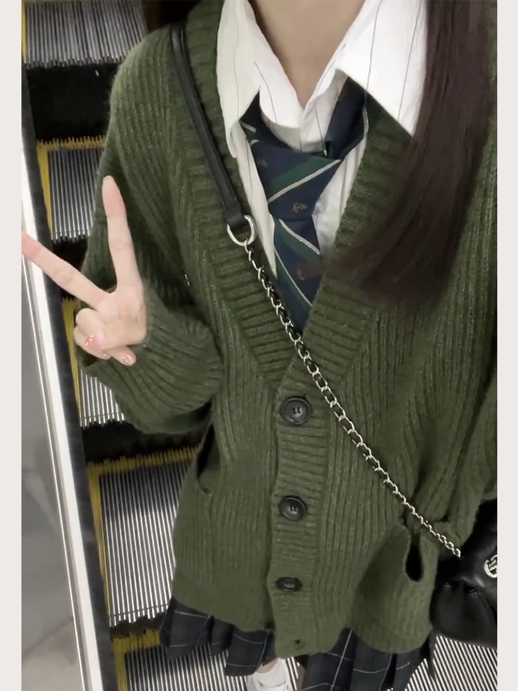 

Thiened Loose Knitted Cardigan Women's Sweater Sweet Sle V-Ne Long Sve Autumn Winter Outerwear Lazy Faion