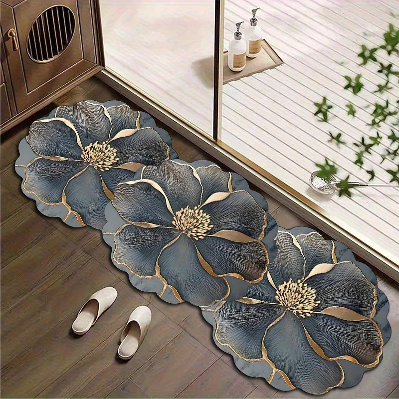 VIKAMA Grey Toned Floral Patterned Silica Mud Doormat Non Slip Absorbent Mat Suitable For Kitchens And Bathrooms Home Decor