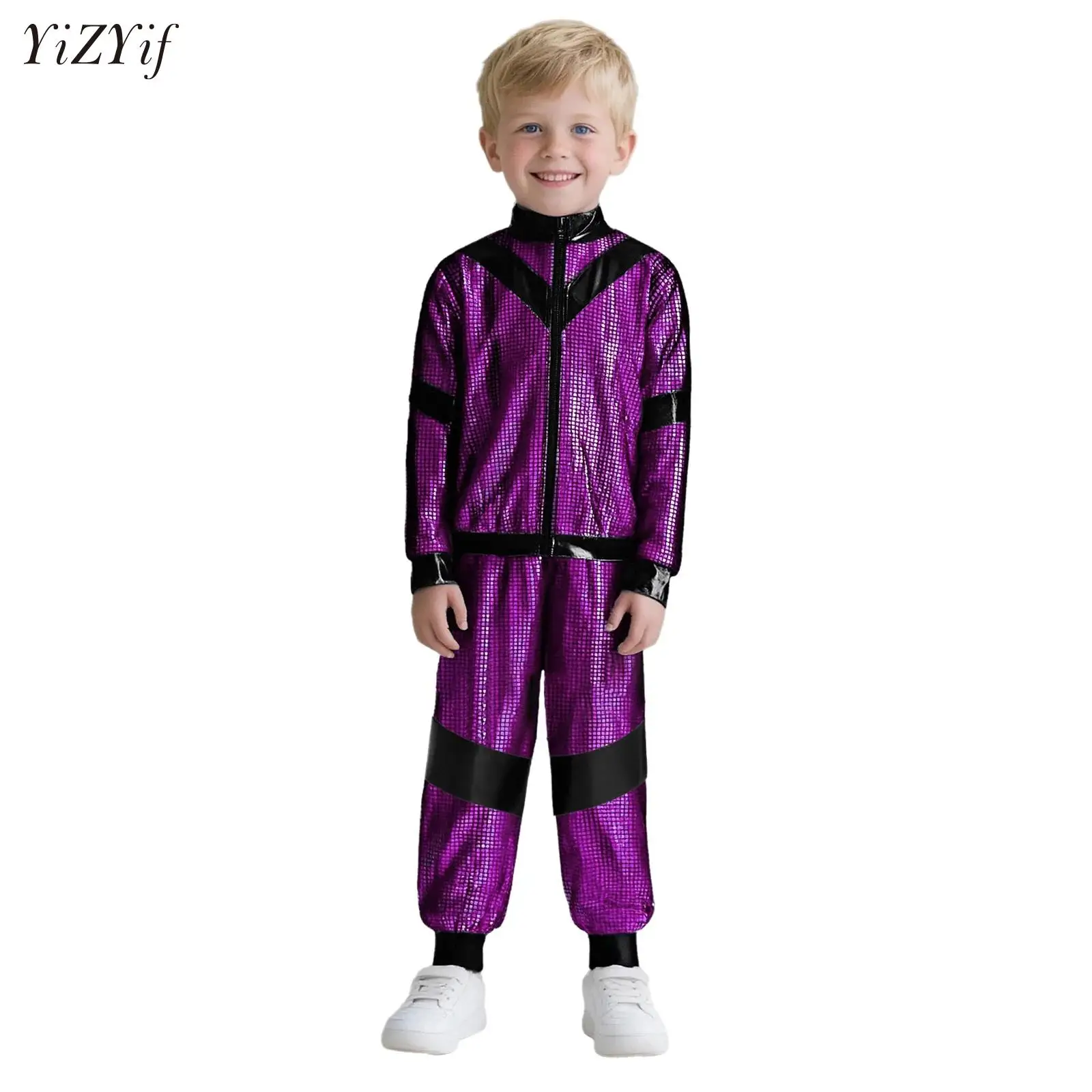 

Kids Boys Girls Hip-Hop Jazz Dance Costume Long Sleeve Metallic Plaid Color Block Jacket with Pants for Ballroom Modern Street