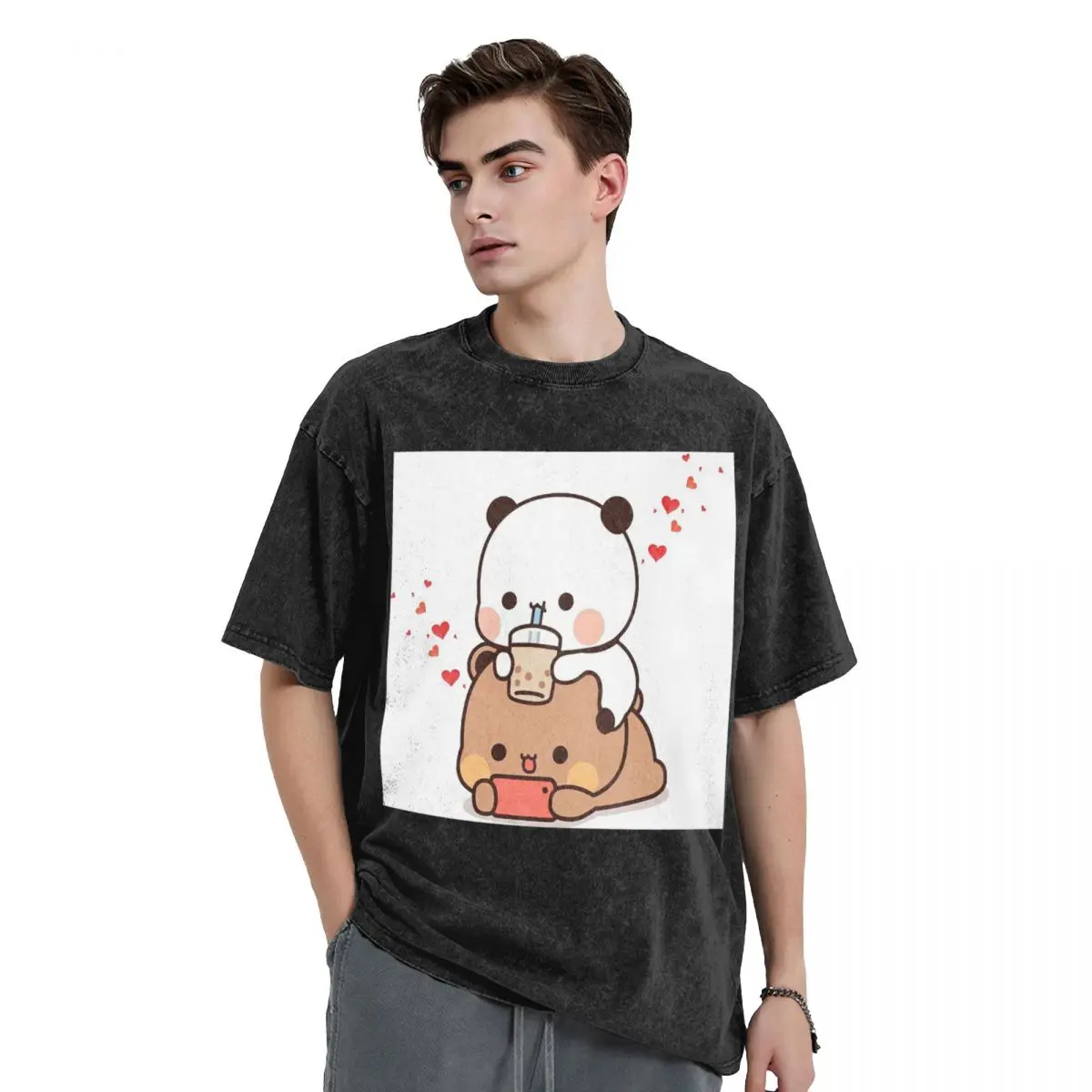 Peach And Goma Bubu Dudu Balloon Washed T Shirts Printed Short Sleeve Hip Hop T-Shirt Streetwear Tops Tees for Men Women