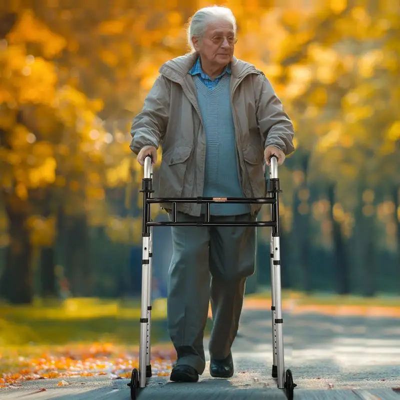 Déambulateur pliable avec roues, capacité de charge de 204 kg, cadre de marche en aluminium léger pour l'aide à la mobilité, avec 8 niveaux de hauteur, largeur réglable pour personnes âgées, handicapées et adultes.