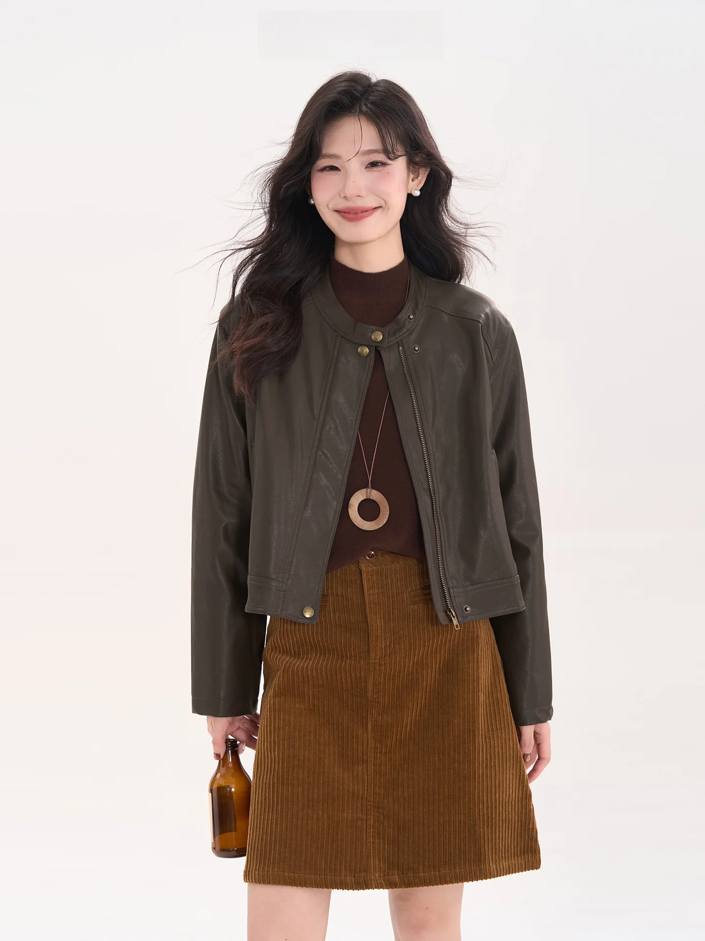 Sweet Cool Princ ort PU 가죽 자켓 여성용 심플 라운드 넥 지퍼 클로저 롱 슬리브 가을 아우터 코트