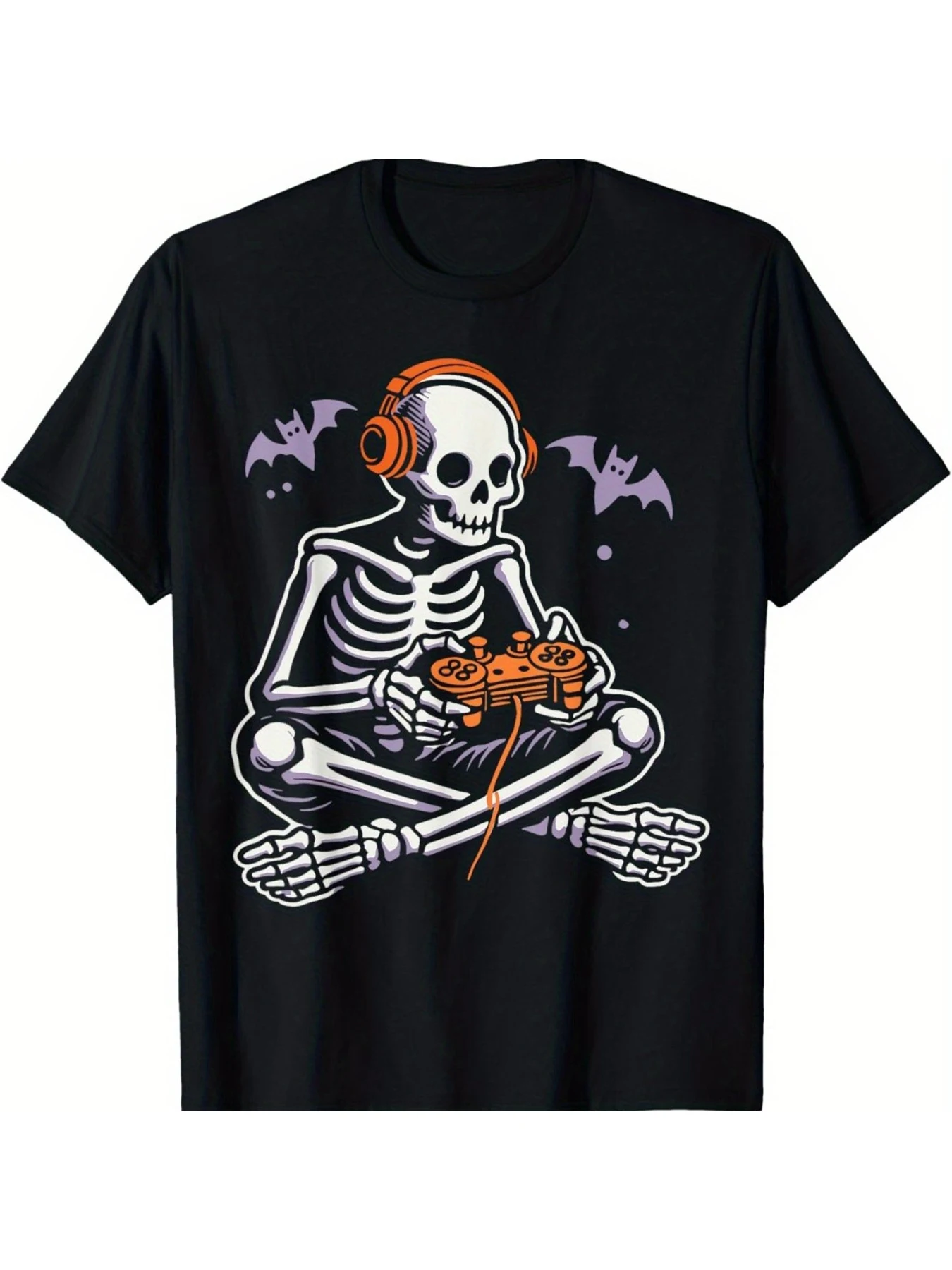

Skeleton With Headphones Playing Game Controller Men and women's short sleeve T-shirt black round neck