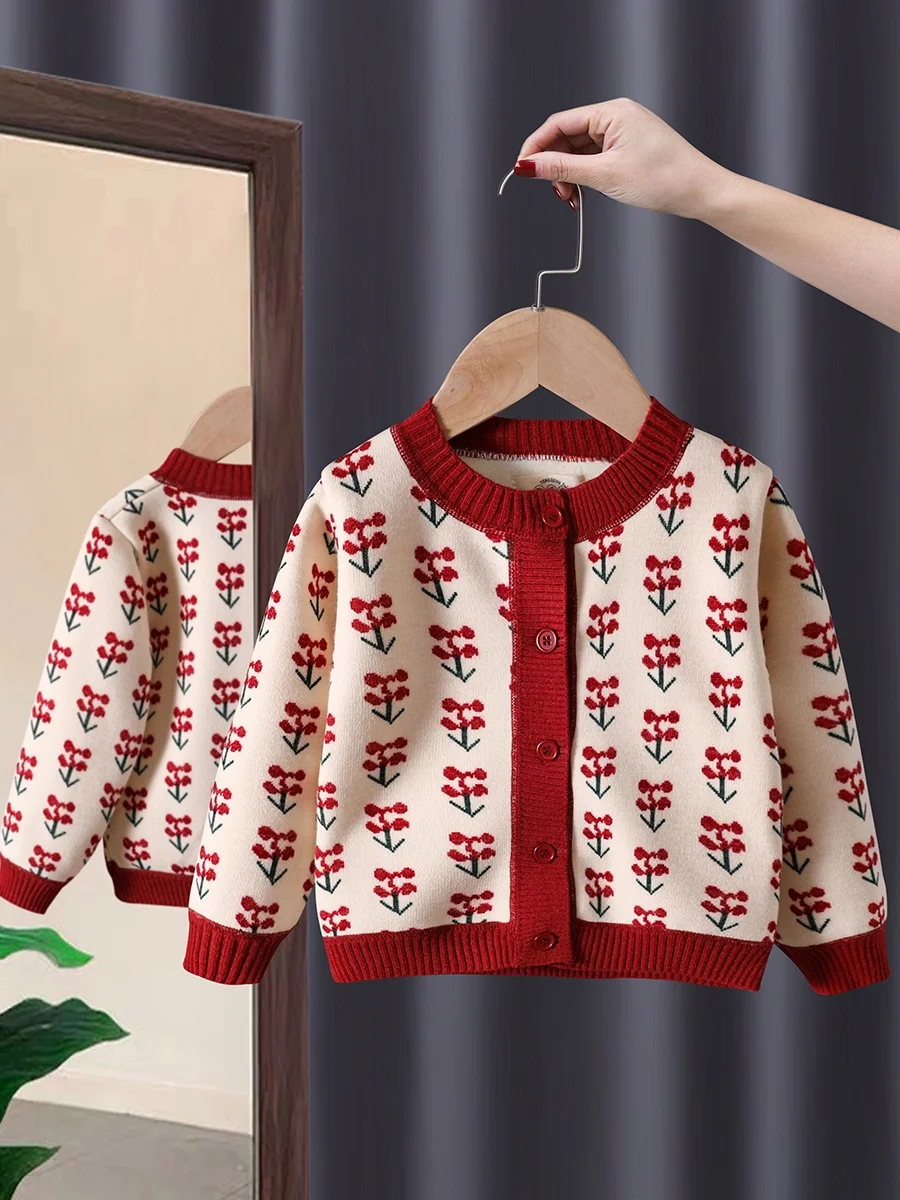 

Вязаный кардиган Ele для девочек, весна-осень, новый, в стиле ретро, с цветочным узором, универсальная детская одежда