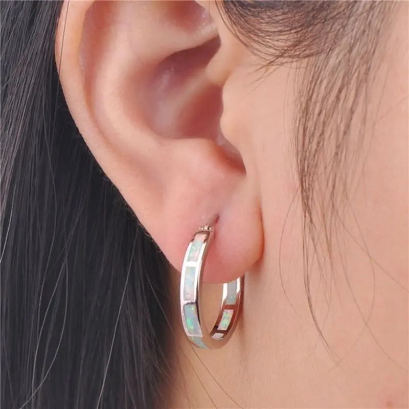 1Pair Fashion Opal Round Silver Color Hoop Earring for Women Healthy Weight Loss Earrings Yoga Energy Health Exquisite Jewelry