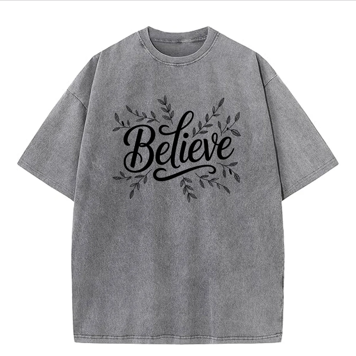 تي شيرت Believe 230 جرام من القطن الثقيل المغسول كبير الحجم للرجال برسومات مضحكة تي شيرت كاجوال كلاسيكي