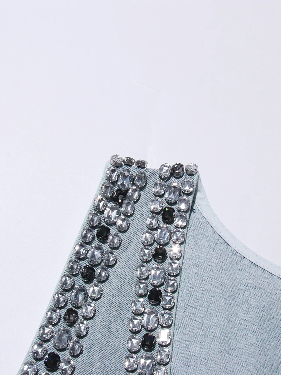 فساتين الدنيم الصلبة الفاخرة تقسم للنساء الخامس الرقبة مع الماس بلا أكمام عالية الخصر مزاجه فستان قصير الإناث #5