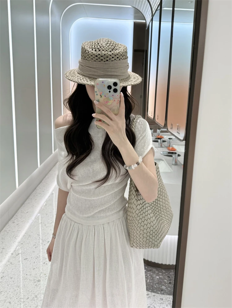Kumikumi Summer New Style Women's T-Shirt And Long Skirt Two-Piece Set Thin Loose Shoulder Pure Color Elegant Fashion Set