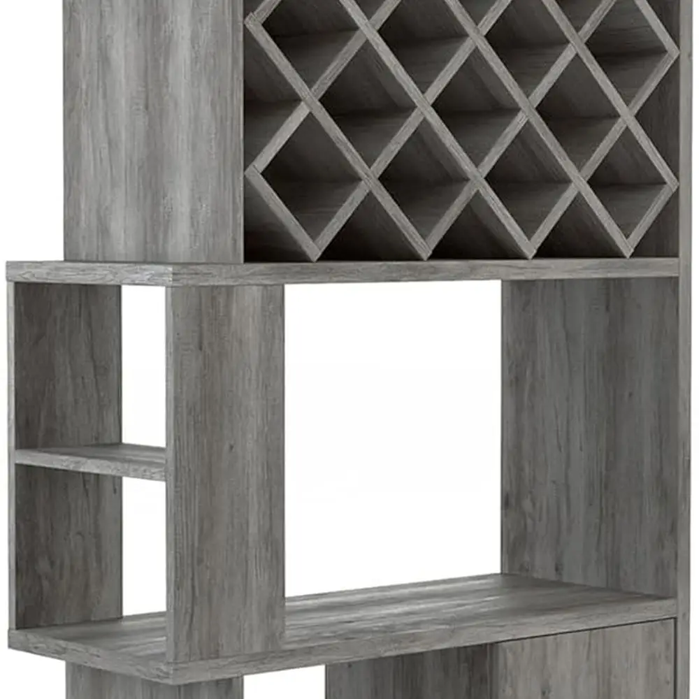 

Винтажная винная полка из серого дуба 69 с несколькими хранилищами и держателями для бокалов для кухни, столовой и бара