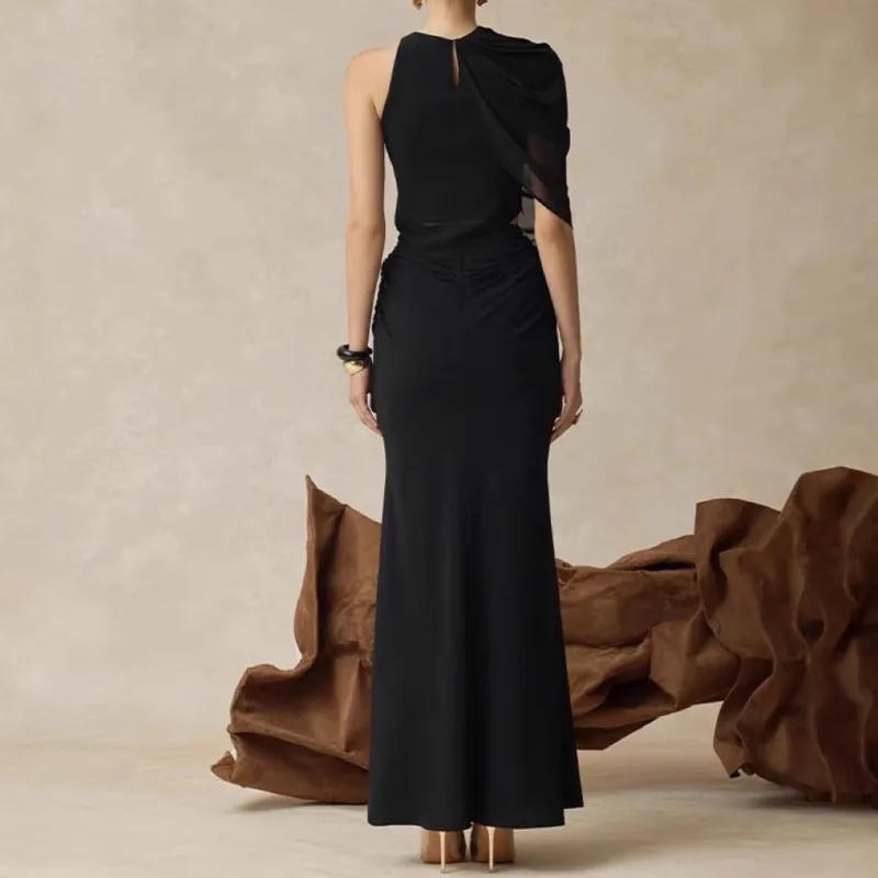 ชุดเซ็ต 2 ชิ้น แบรนด์ YFPF สำหรับผู้หญิง ดีไซน์หรูหรา เสื้อเปิดไหล่แบบพับไม่สมมาตร + กระโปรงยาวทรงเข้ารูปสีพื้นเอวสูง สง่างาม รุ่นใหม่ปี 2025