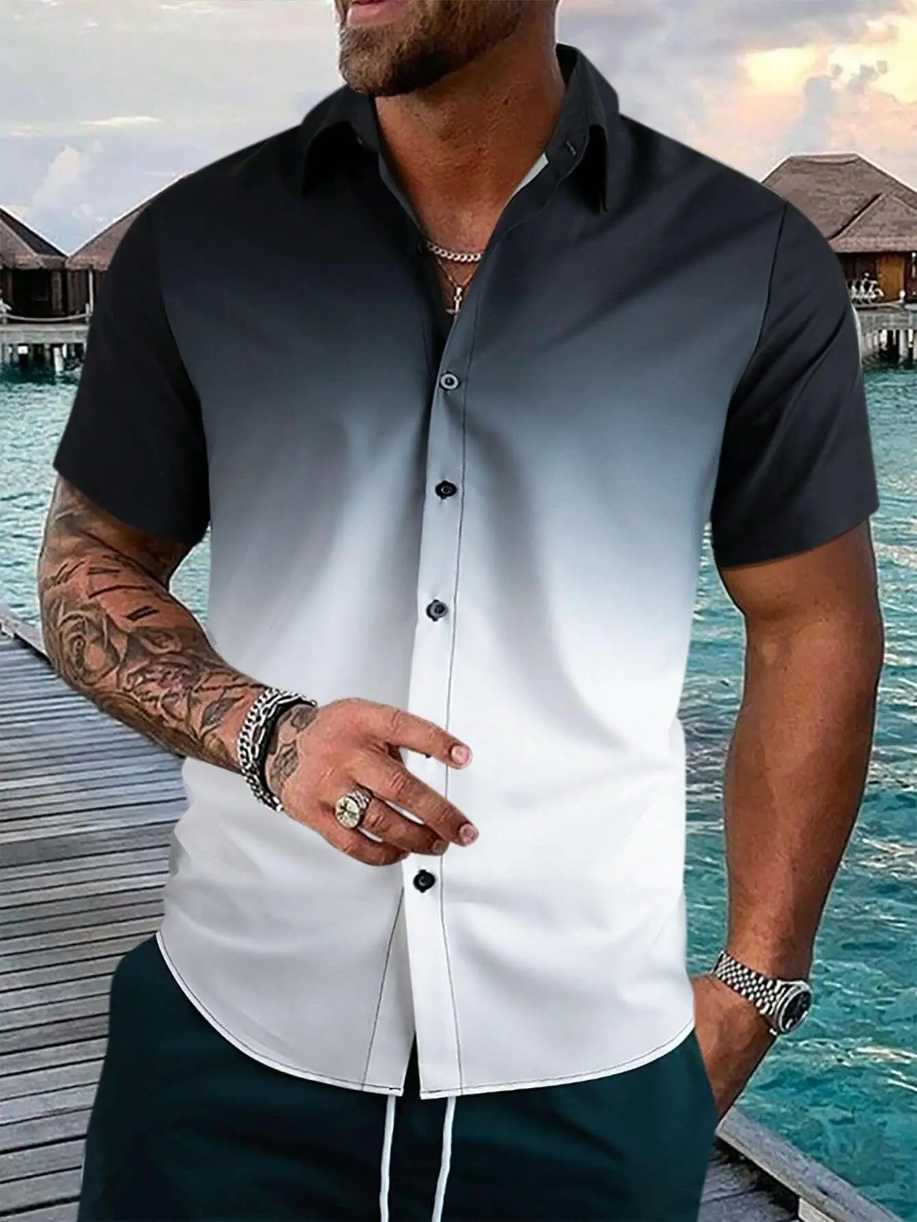 2024 Men's Shirt Summer Clothing Gradient Graphic 3D Print Shirts Men Short Sleeve Tops Streetwear Loose Casual Hawaiian