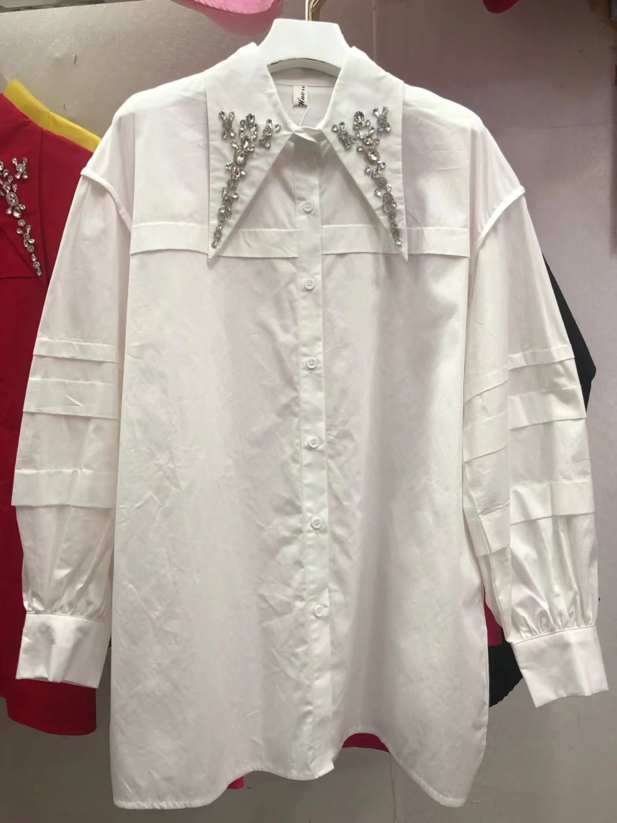 Heavy Exquisite Diamonds Embroidery Mid-Length Oversized Shirts and Blouses For Women 2024 New Loose Long Sleeve Top Blusas