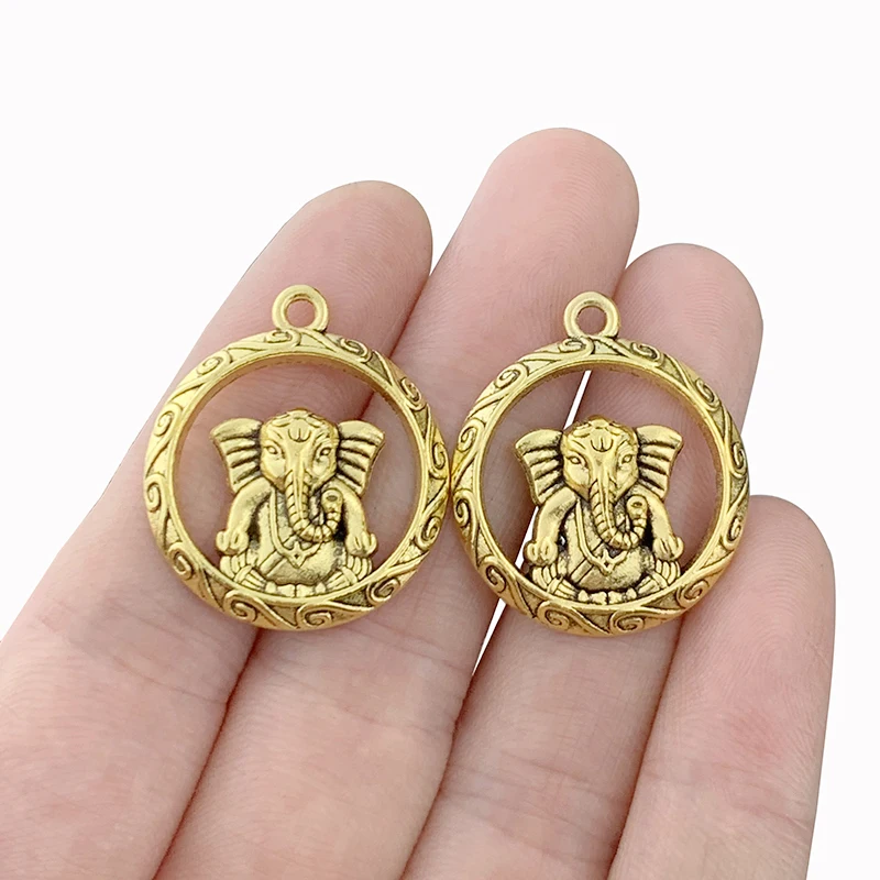 10pcs Antique Gold Ganesha Elephant God of Good Beginnings Round Charms Pendants for Necklace Jewelry Making