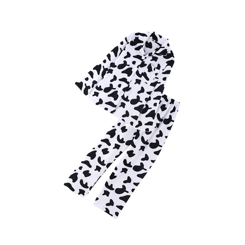 Women's Cow Pajamas Smooth Texture Pyjamas Sleepwear Shirt Warm Long Sleeve Woman