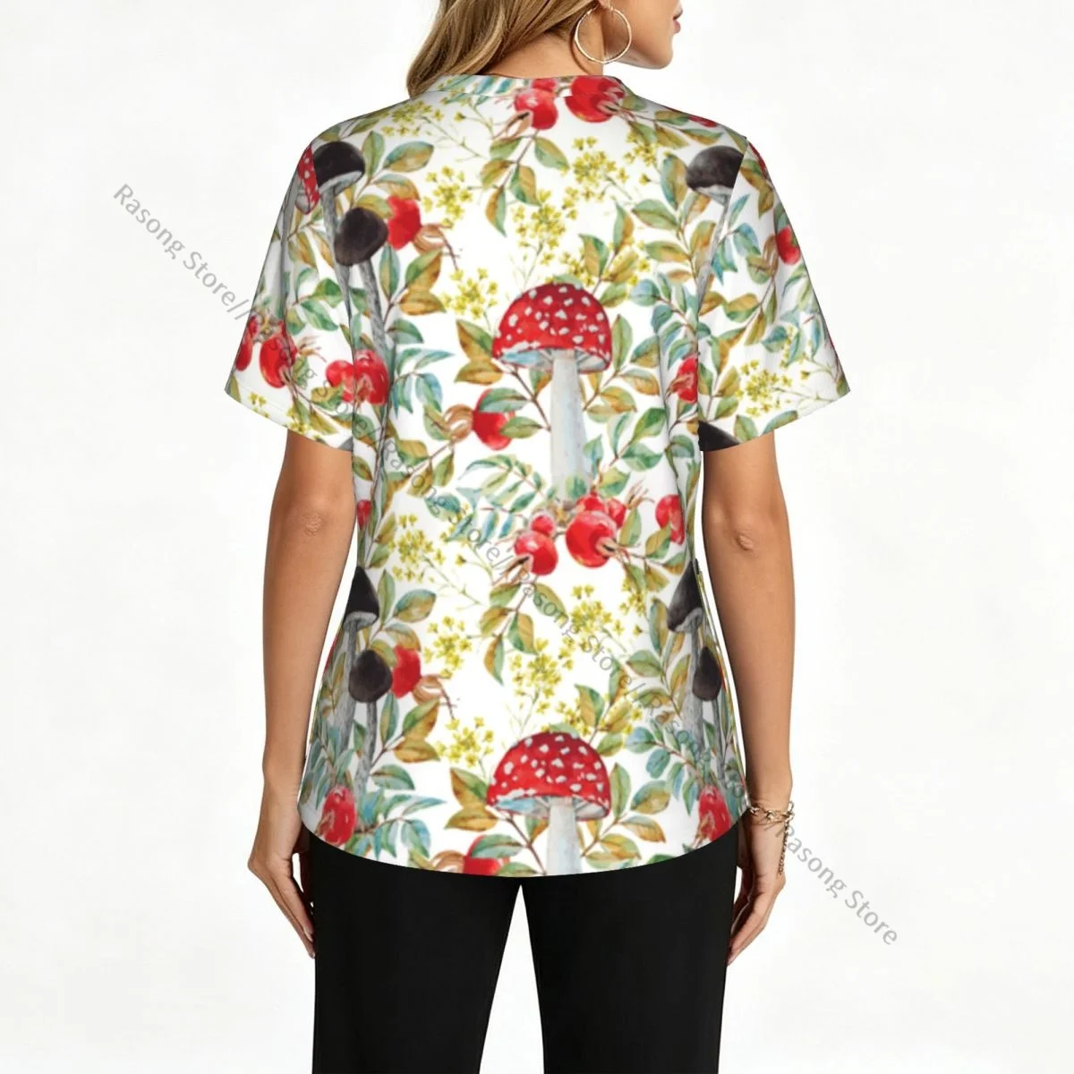 Women's Medical Scrub Top Short Sleeve Mushrooms Autumn Leaves Berries Amantias Stretch Nursing Uniform for Hospital Clinic