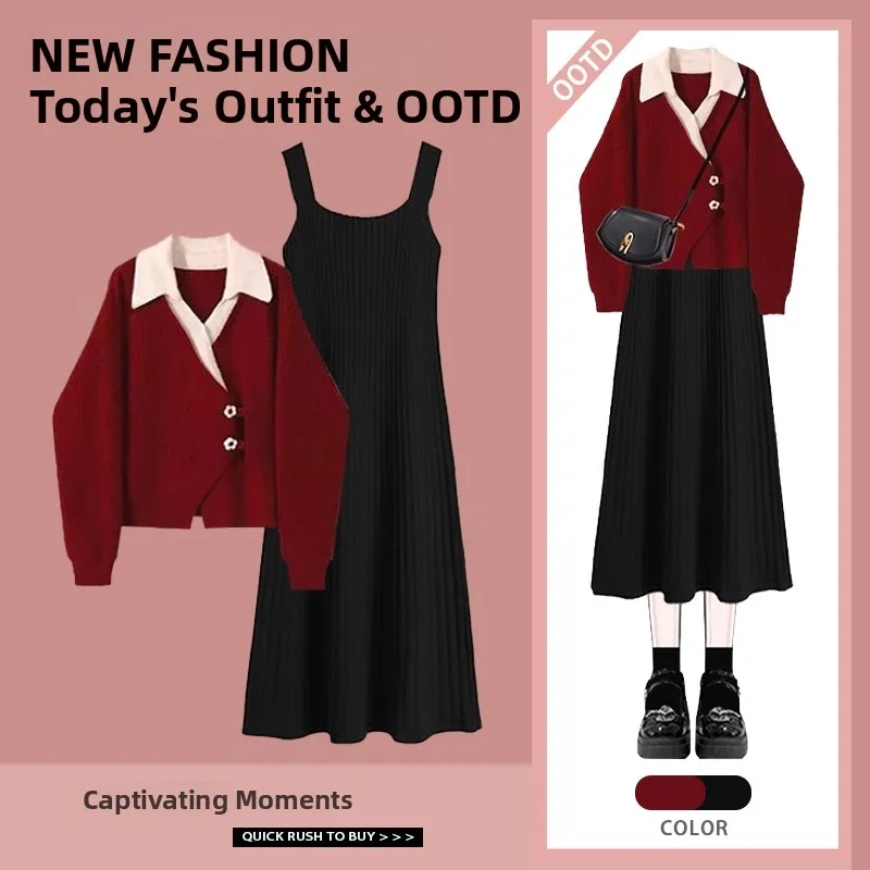 

Autumn Faion Women's Design Sensation V-ne Long Sve Top with Strap Dr Two-piece Set ular among Young Adults