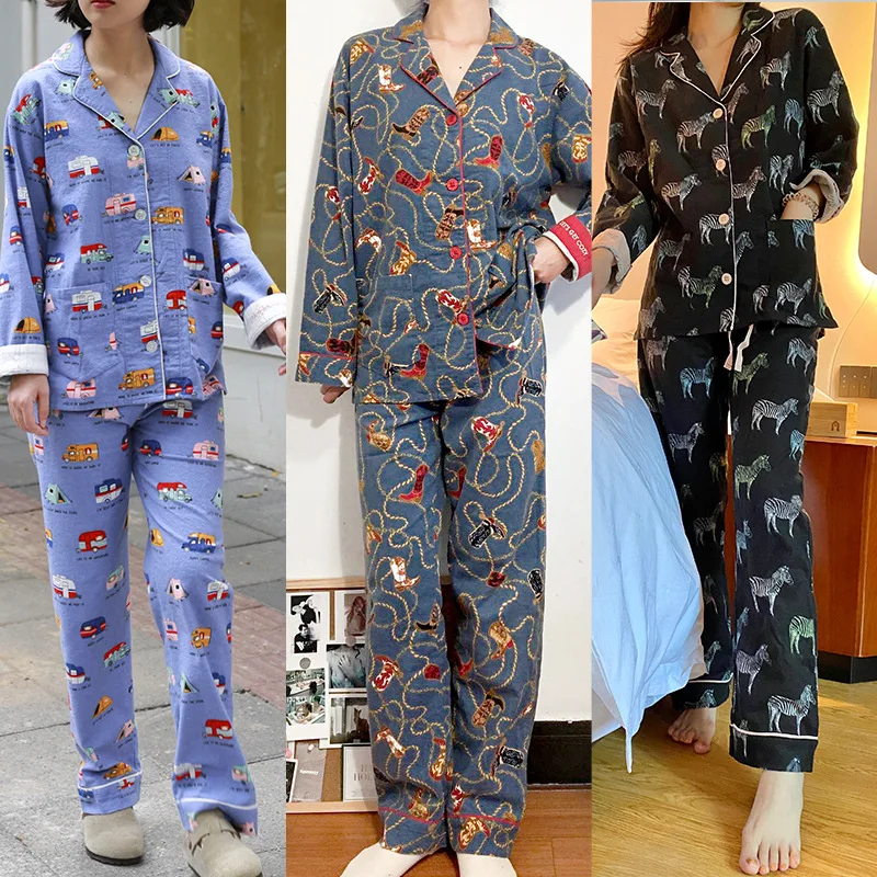 PJS Spring Summer New 100% Cotton Long-sleeved Trousers Ladies Pajamas Suit Print Long Sleepwear Women\'s Home Nightwear