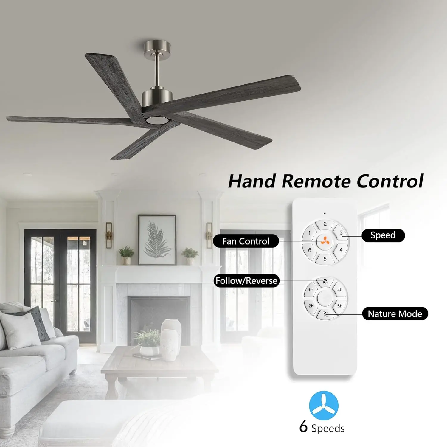 64   Ceiling Fan without Lights, 5 Reversible Carved Solid Wood Blades, 6-Speed Noiseless DC Motor, Ceiling Fan No