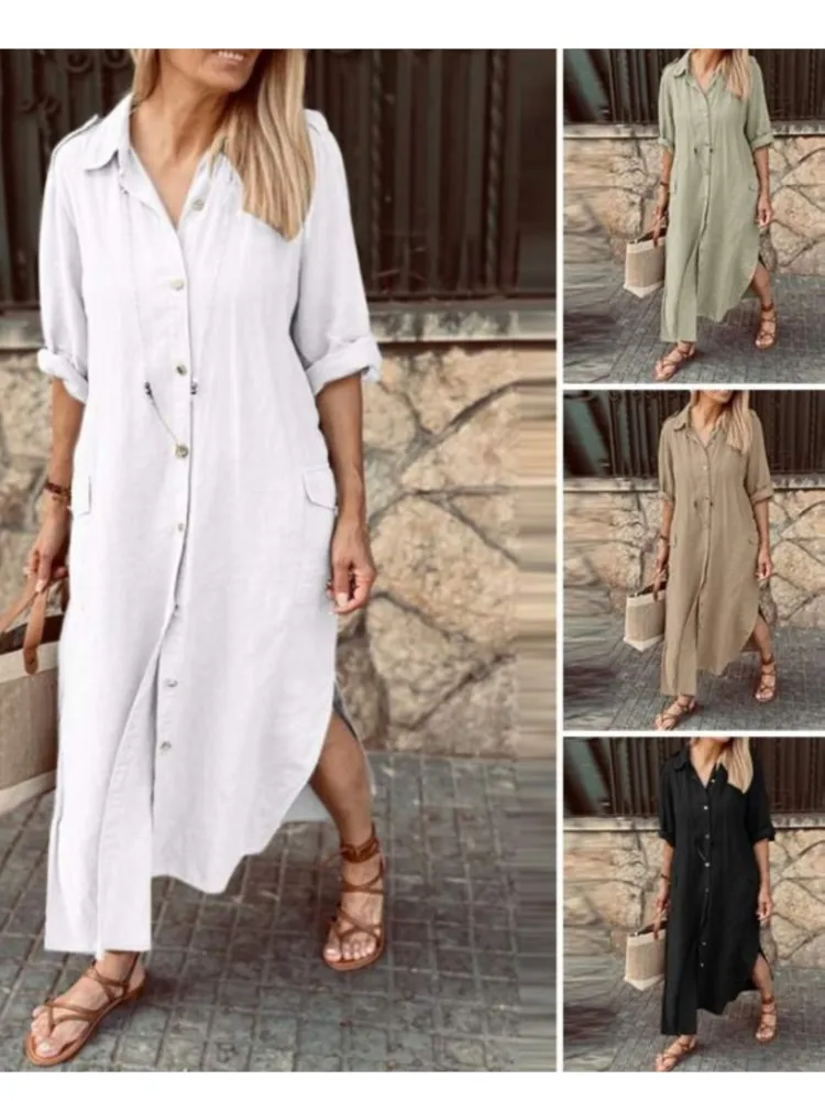 カジュアルシンプルスタイル無地シャツワンピース春夏ファッションフリップカラーシングルボタンカーディガンワンピースレディースゆったりワンピース
