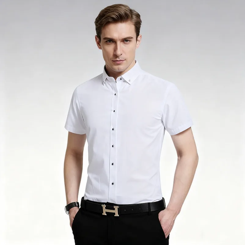 Men's Short Sleeve Shirt New Men French Cufflinks Shirt Casual Male Brand Solid Color White Blue Pink Slim Fit Cuff Dress Shirts