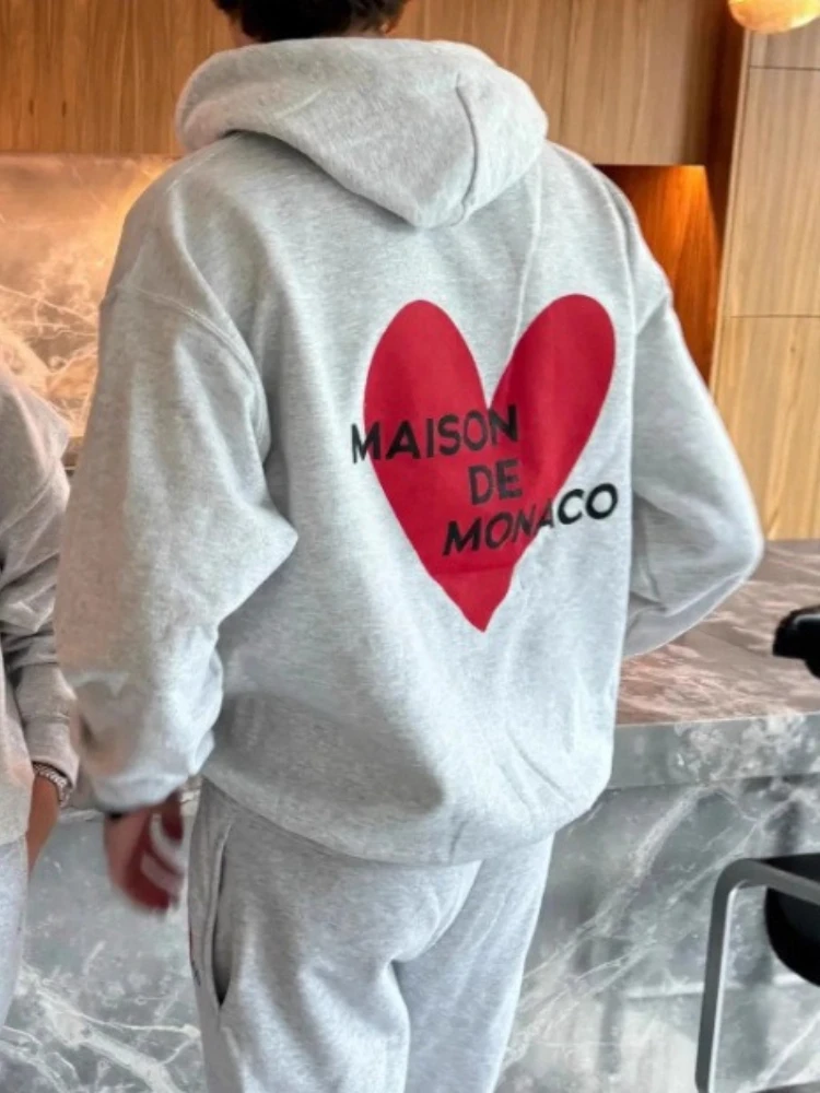Thicken Winter Fleece French Fashion Streetwear Gray White Hoodies Cute Pattern Design Unique Printed Sweatshirts Loose Leisure