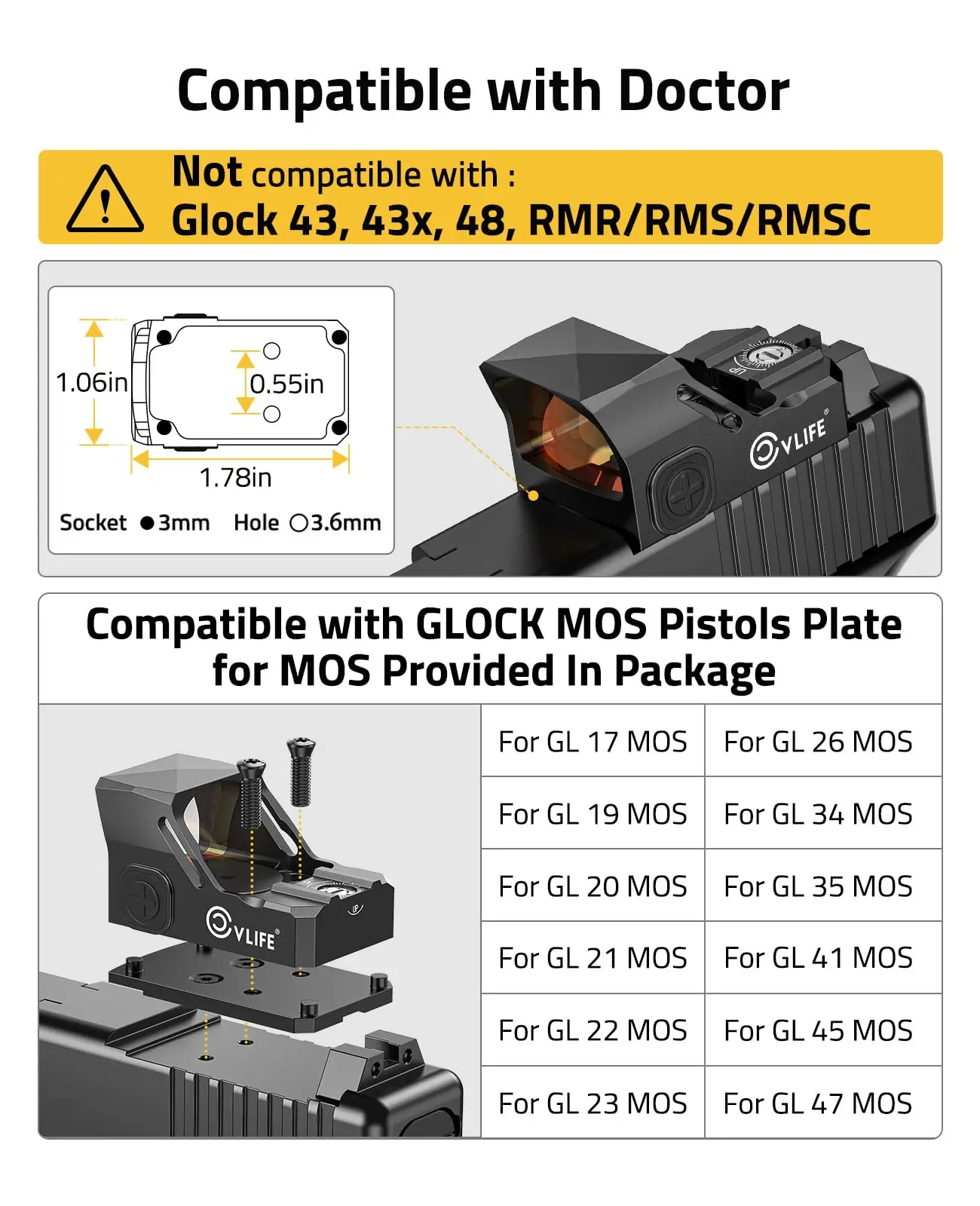 Pistol Pistol Lingkup WolfCovert Motion Awake Red Dot Sight Doctor Cut Footprint 3 MOA dengan Pelat Adaptor MOS Picatinny