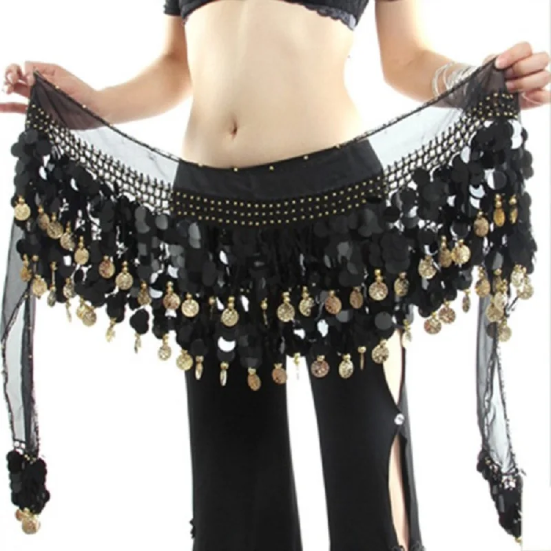 Women Fashion Multi Color Chiffon Belly Dance Hip Wrap Scarf Coin Sequin Waistband Skirt