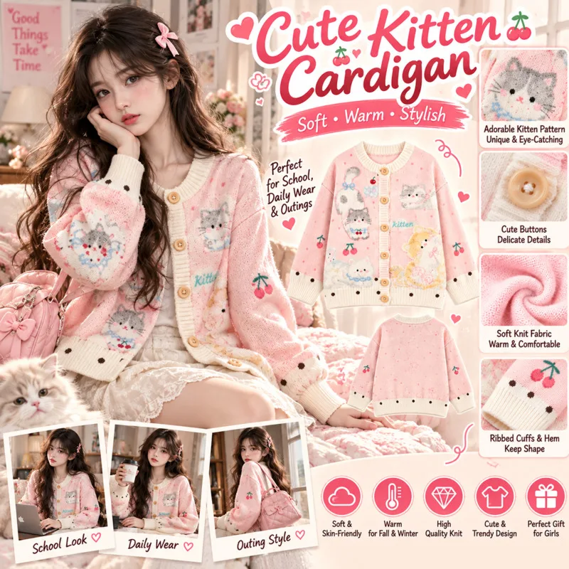 Cat Pink Top Kitten Print Cardigan Sweater Cute Cherry Knitwear Soft, Autumn Winter Loose Outerwear Girl Fashion Coat Gift New