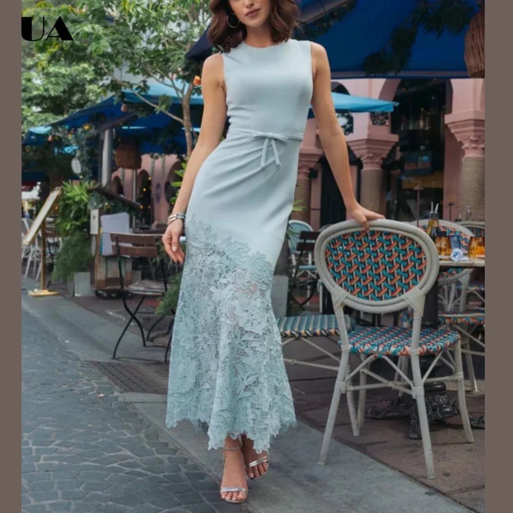 

ULBYANRN Elegant Lace Patchwork O-neck Prom Dress for Woman, Fashionable Mermaid Evening Dress, Customized Sleeveless Long Dress