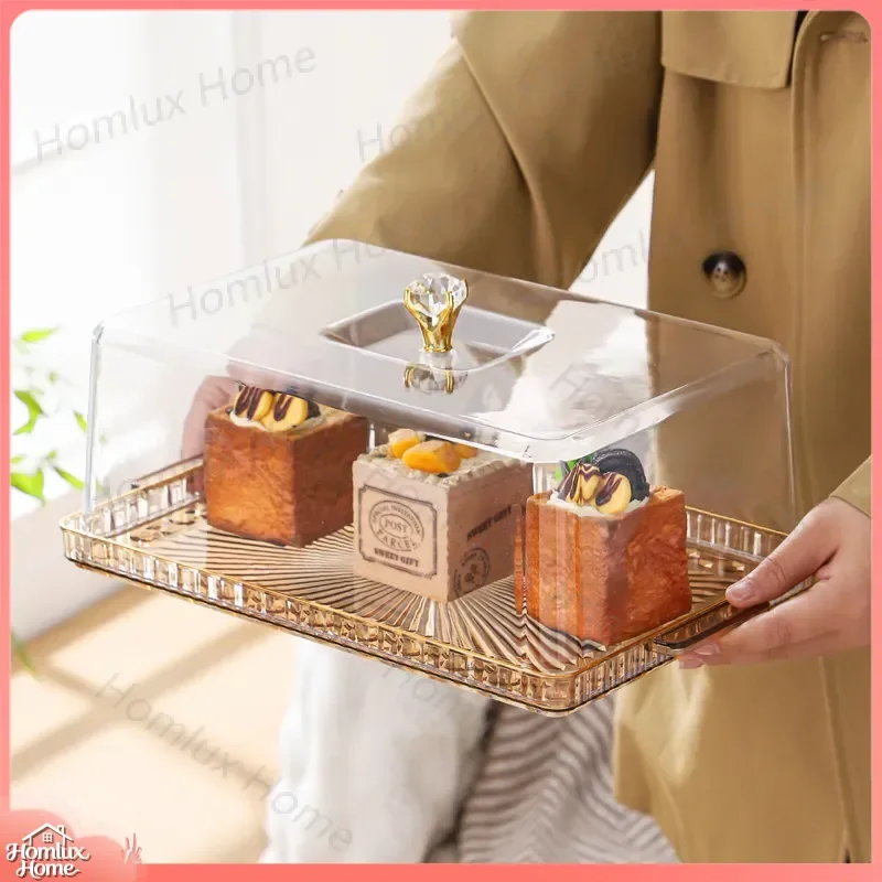 Acrylic Dessert Tray with Lid for Bread Cake Display Afternoon Tea Snacks Fruit Serving Tray Clear Food Presentation Tray
