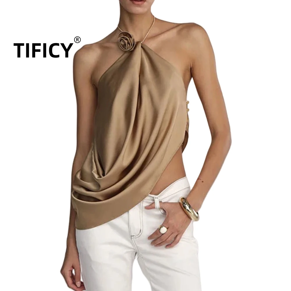 

25ss Design Tanks Tops Women's Sexy New Satin Hanging Neck Slanted Swinging Collar Three-dimensional Flower Sleeveless Camis Top