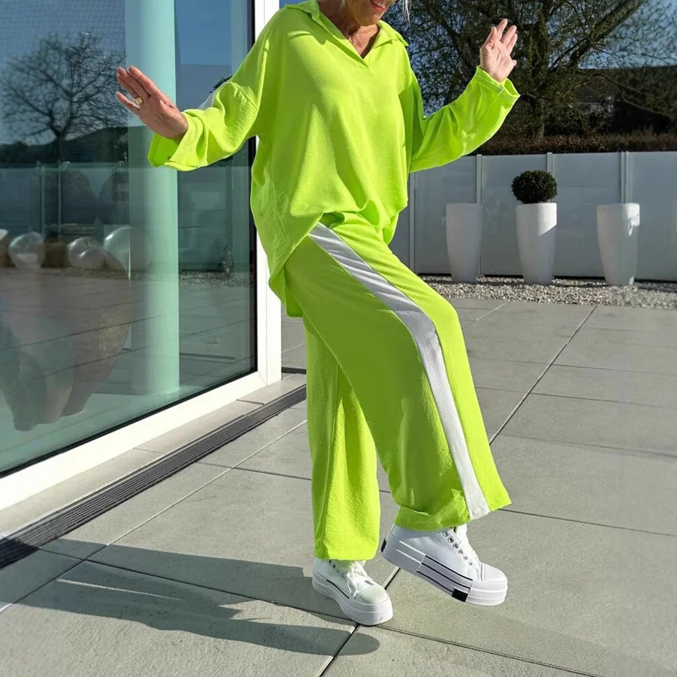 

Fashion Solid Color Long-sleeved Top + Wide-leg Pants Two-piece Sets Women's Spring Casual Loose Shirt Trousers Suit For Women