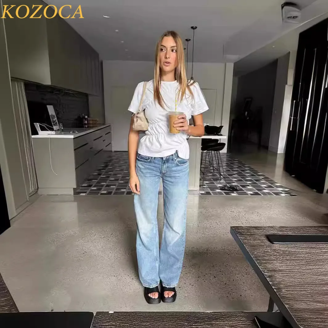 Kozoca Summer Unique Women‘s T-shirt Basic Fashion O-neck Elastic Pleated Tops White Lady Short Sleeve Casual Shirts for Women