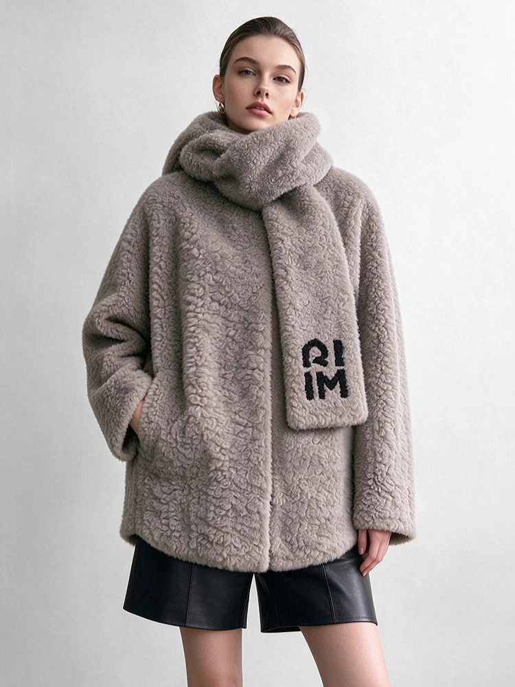 Amii Faux Fur Coat Woman 2026 Winter New Included Scarf Embroidered O-Neck Loose Midi Eco Friendly Faux Fur Coat Top 12654005