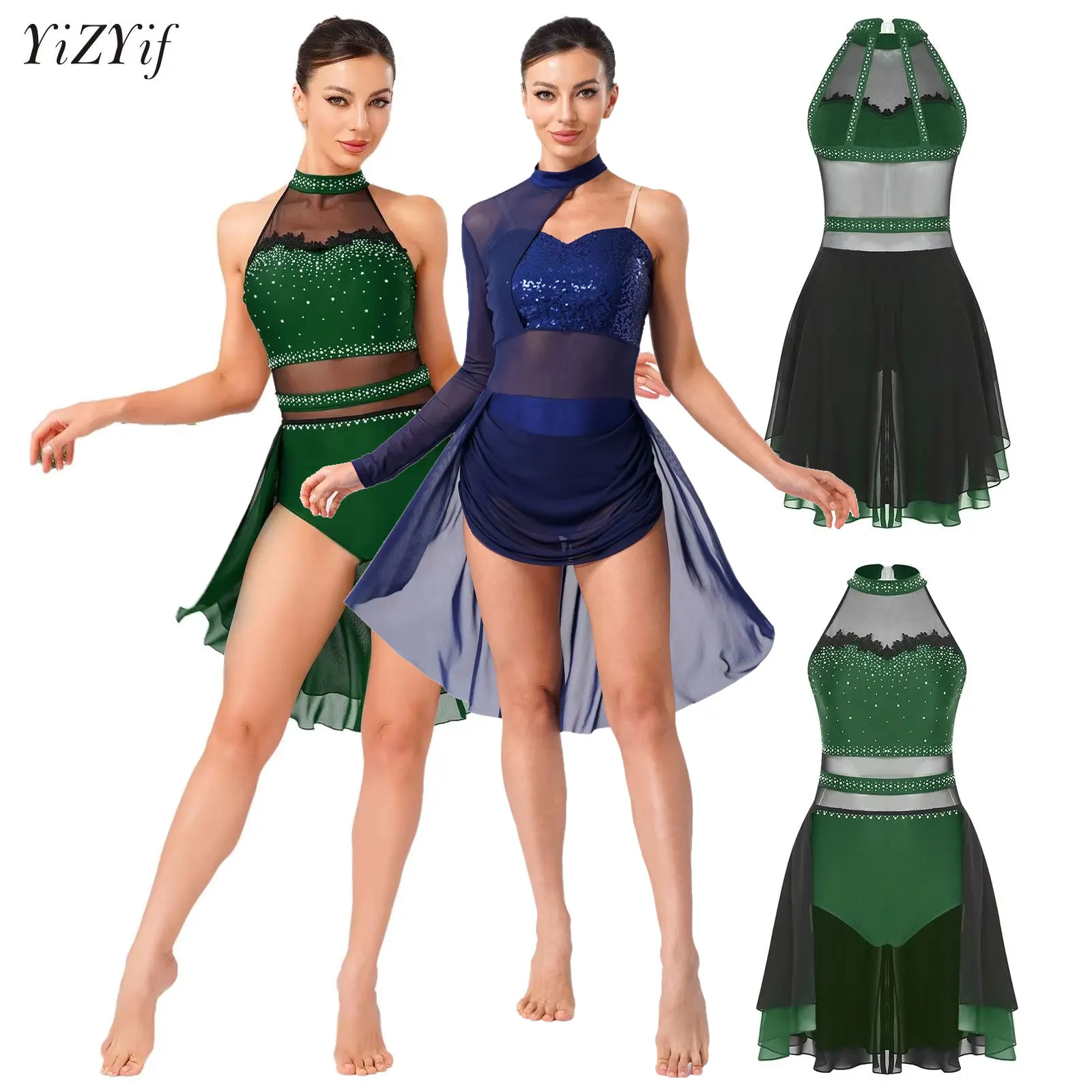 

Womens Figure Skating Rhythmic Gymnastics Performance Costume Rhinestone Ballet Dance Leotard Skirted Bodysuit Dress Dancewear