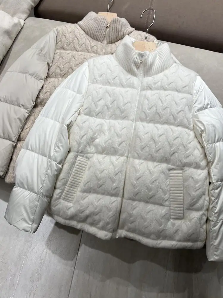 Cashmere Mixed Women Goose Down Jacket, 90% White Goose Down, High Neck Zipper Coat With Twisted Knit Sleeves