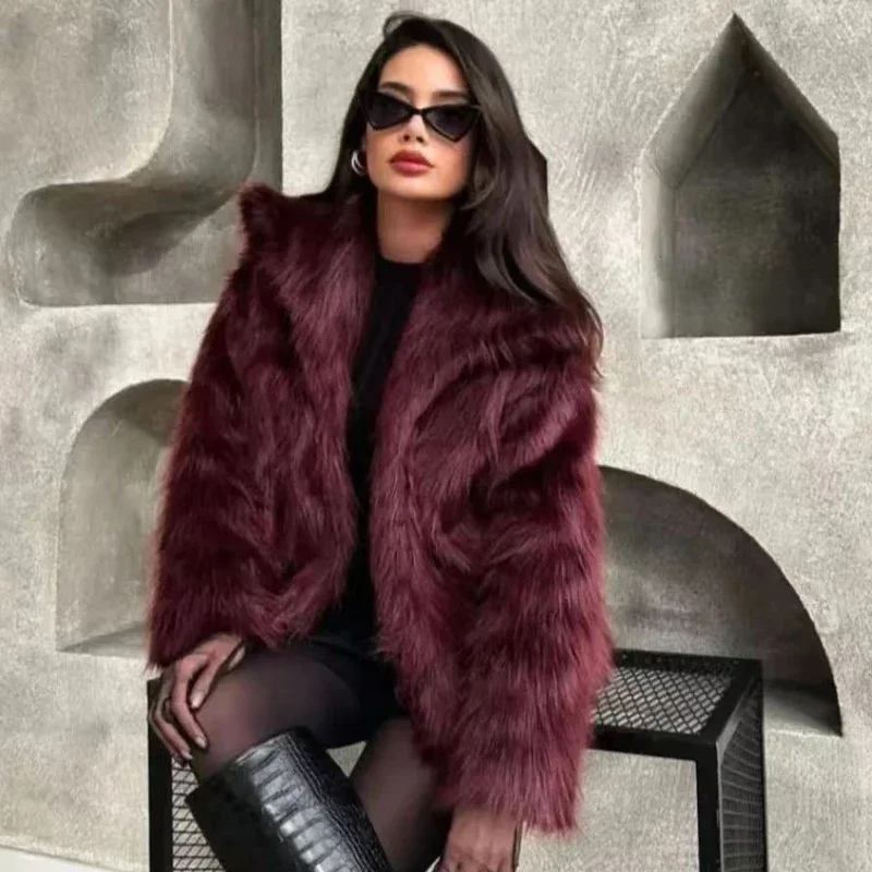 HXAO Women\'s Fur Coat Women 2024 Plush Burgundy Bomber Jacket Solid Crop Long Sleeve Jacket Warm Winter Coats Woman Casual Coats