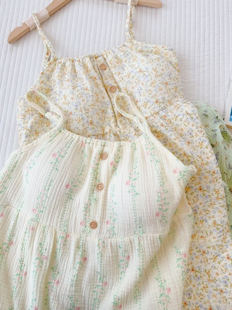 Summer Cotton Spwear Women's Pure Cotton Double Layer Gauze Fre Floral Print Strap Thin Sle Home Clothes Soft Nightgown