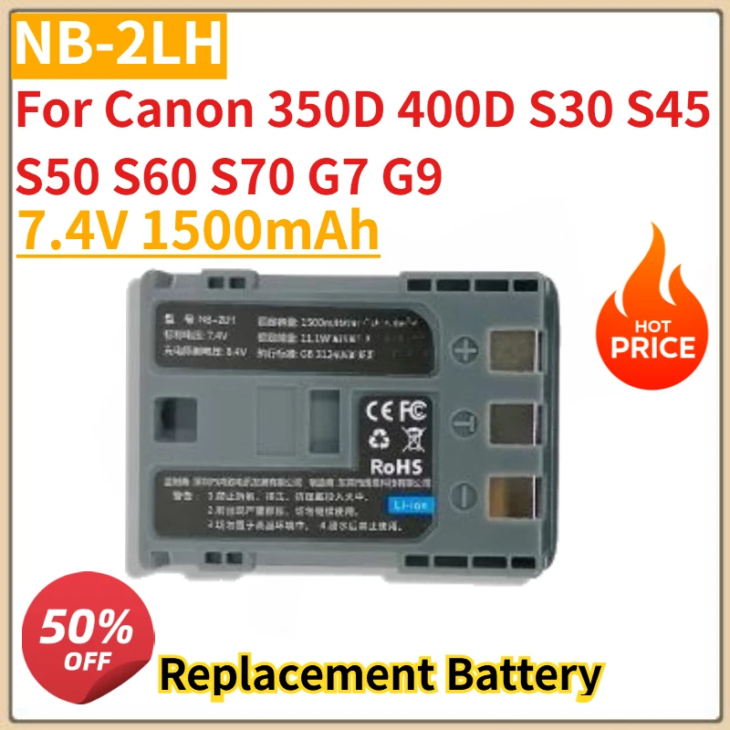 

High Quality New NB-2LH Camera battery 7.4V 1500mAh for Canon 350D 400D S30 S45 S50 S60 S70 G7 G9 Replacement Battery