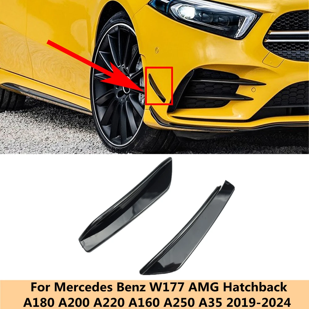 Glossy Black Front Bumper Side Spoiler Canard Splitter Trim Sticker For Benz A Class W177 A160 A180 A200 A250 A35 AMG 2019-2022