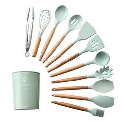 Silicone Wood Turner Soup Spoon Spatula Brush Scraper Pasta Server Egg Beater Kitchen Cooking Tools Kitchenware Green