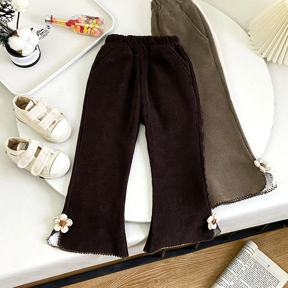 Baby Kids Flared Pants Fashion Children Long Pants Toddler Girls Trousers Pocket Kids Casual Flower Pants 2 to 6 Years Old