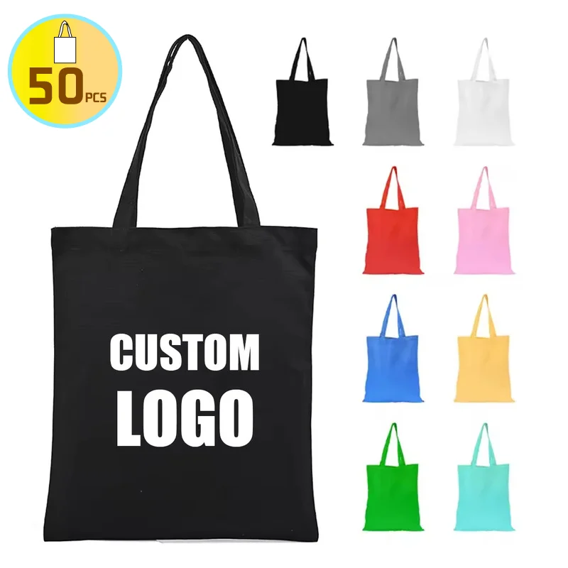 50pcs Bulk Wholesale Customize Promotional Reusable Handle Eco Canvas Tote Cotton Bag With Custom Printed Logo Shopping Bags