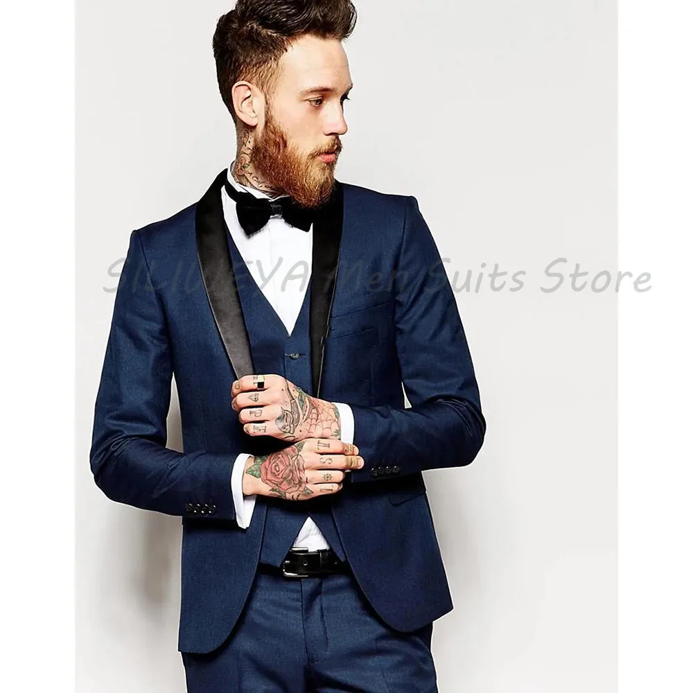

Side Vent Slim Fit Groom Tuxedos Shawl Collar Men's Suit Navy Blue Groomsman Bridegroom Business 3 Pieces Jacket Pant VestSuits