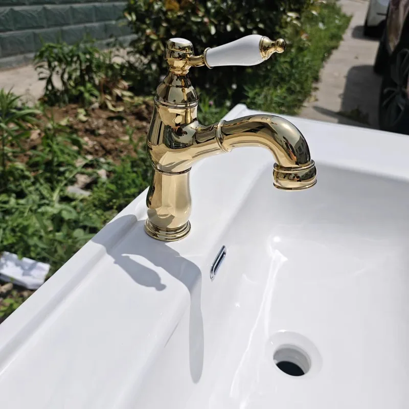 French retro pull-out faucet, brass basin hand washing faucet, bathroom ceramic handle hot and cold water head