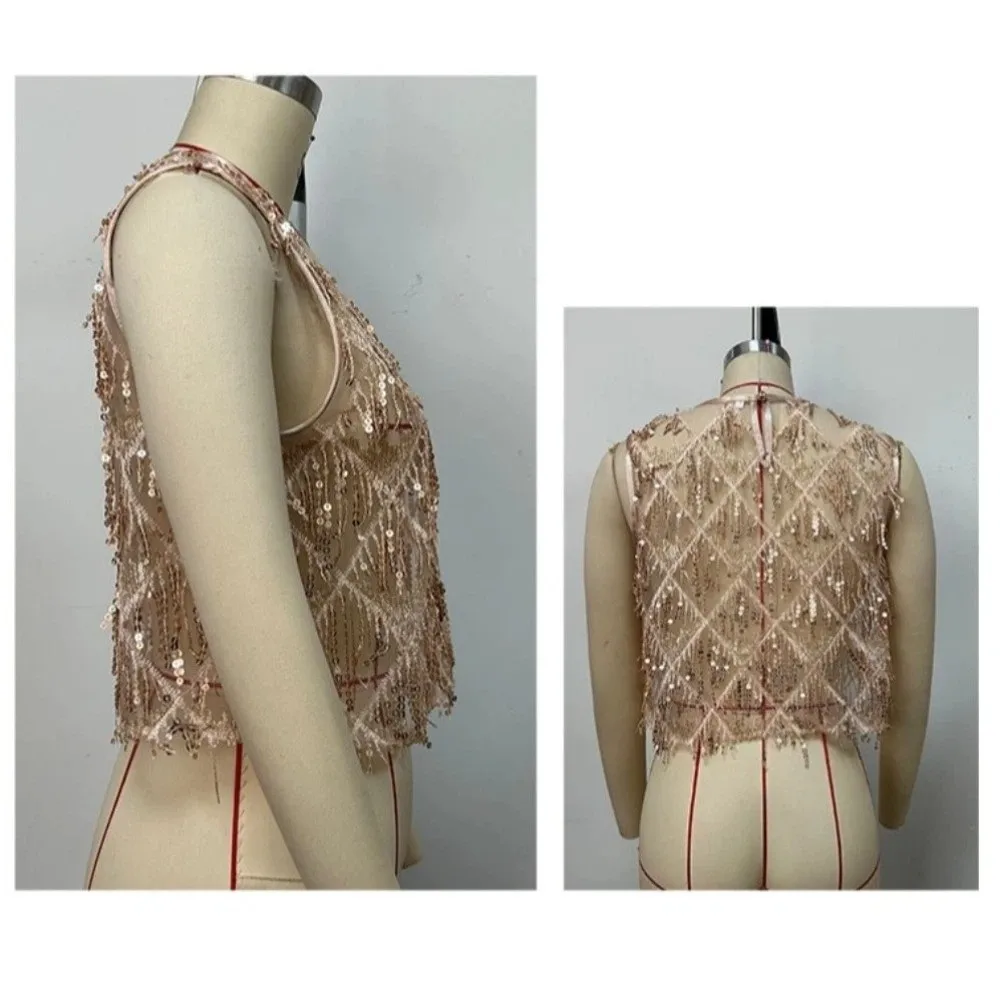 Casual Fringe Sequin Vest Tops Mesh Loose Fit Crop Top Sleeveless Embroidery Sheer Camisole Hot Grils