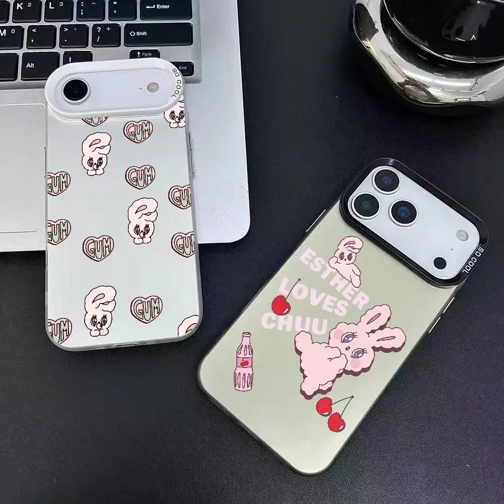 حافظة هاتف Kwaii E-Esther Bunny لهاتف آيفون 11-17 Air Pro Max ملونة مضادة للانزلاق ومضادة لبصمات الأصابع