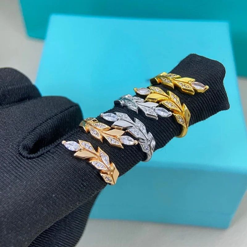 

High Quality New 925 Sterling Silver Women's Open Ring, Diamond-studded Leaf Ring, Matching, Wedding, Holiday Gift