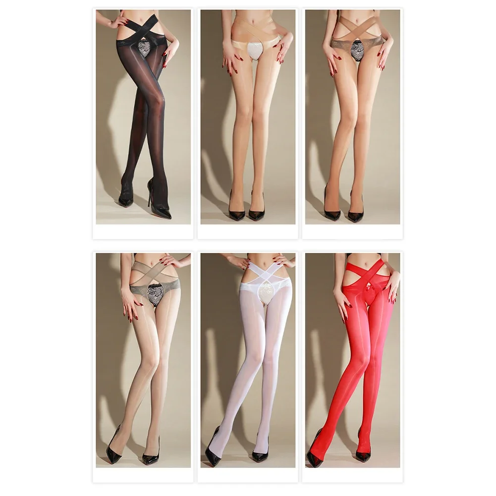 Women's Sexy Lingerie Cross Shiny Pantyhose Tights Thin See Through Stockings Leggings Sexy Hosiery