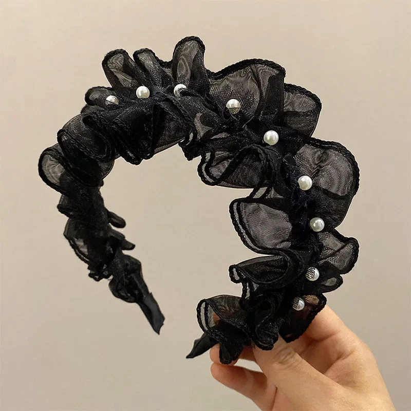 

Black mesh pleated headband Princess Fan ruffle edge pearl headband Mori versatile high cranial top pressure hair card woman